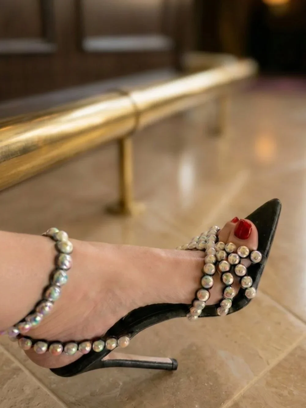 Lemondrop Black Satin Pearl Open Toe Slingback Heels 6.5 Elegant Cocktail Party